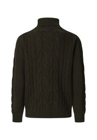 Mörkgrön kabelstickad polotröja med långa ärmar samt ribbade mudd och nederkant, visad från baksidan.