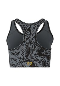 Svart- och grårandig sport-bh med racerback-design. Har en guld "FZ"-logotyp på framsidan under bandet. Tillverkad av ett elastiskt material.