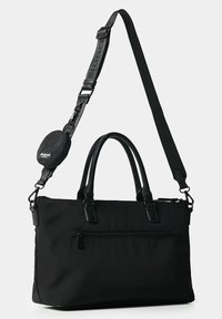 Borsa a mano rettangolare nera con doppi manici superiori, tracolla rimovibile e regolabile, tasca frontale con zip e piccola pochette rotonda attaccata alla tracolla.