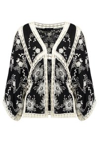 Sort broderet kimono med hvide blomster mønstre, åben front, batwing ærmer og blondekant. Letvægtigt stof med en blød tekstur.