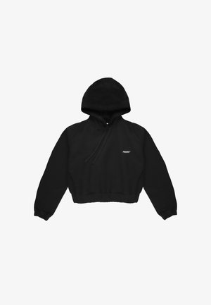 Czarna krótka bluza z miękkiego materiału. Posiada kaptur, sznurek do ściągania i ściągacz na dole. Na przodzie białe logo tekstowe.