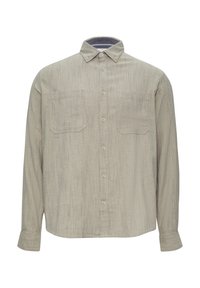 Lange mouwen, knoopsluiting shirt in lichtgrijs met een visgraatpatroon, twee borstzakken en kraagdetails. Zachte textuur en een ontspannen pasvorm.