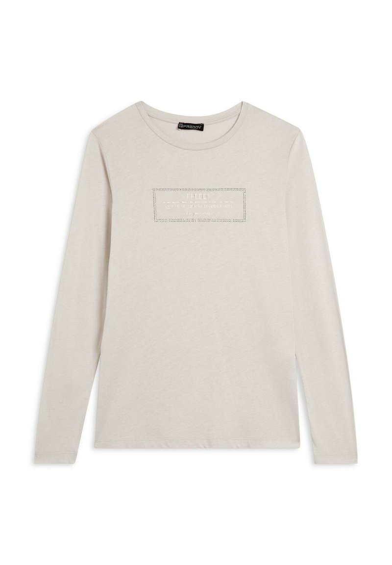 Maglietta a maniche lunghe di un tenue color crema con un logo rettangolare testurizzato sulla parte anteriore. Realizzata in cotone morbido con una vestibilità rilassata.