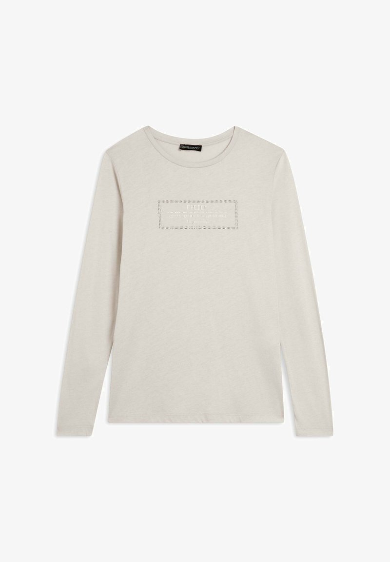 Maglietta a maniche lunghe di un tenue color crema con un logo rettangolare testurizzato sulla parte anteriore. Realizzata in cotone morbido con una vestibilità rilassata.