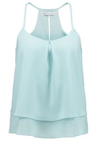 Light blue sleeveless top made of smooth fabric. Features a V-shaped front pleat and layered design, with thin straps and a cutout back.