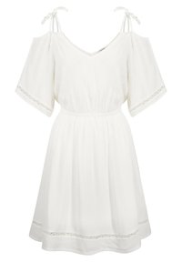 Abito bianco con maniche a freddo, scollatura a V e vita elastica. Presenta un bordo in pizzo sulle maniche e sull'orlo, realizzato in tessuto leggero.