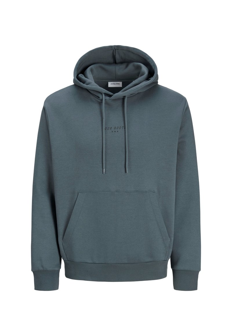 Dunkelblaues Kapuzenpullover aus weichem Baumwollmix. Verfügt über eine Fronttasche, einen Kordelzug an der Kapuze und einen dezenten Aufdruck auf der Brust. Elastische Bündchen.