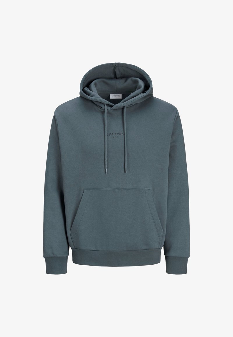 Dunkelblaues Kapuzenpullover aus weichem Baumwollmix. Verfügt über eine Fronttasche, einen Kordelzug an der Kapuze und einen dezenten Aufdruck auf der Brust. Elastische Bündchen.