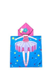 Balettiteemaline ponšo rätik roosa kapuutsiga. Sellel on ballerina sinisel taustal, millel on tähed, triibud ja lillemotivid.