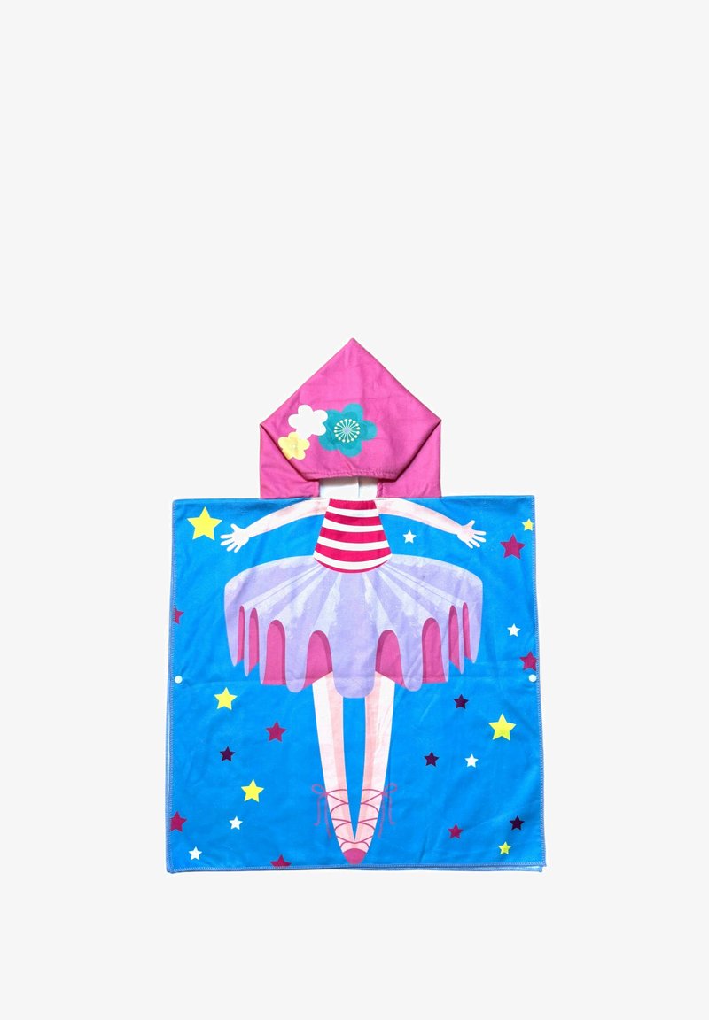 Balettiteemaline ponšo rätik roosa kapuutsiga. Sellel on ballerina sinisel taustal, millel on tähed, triibud ja lillemotivid.