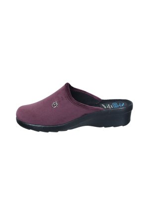 Mauve durable fabric clog with a rounded toe, low black platform sole, and small silver logo accent on the upper side.
