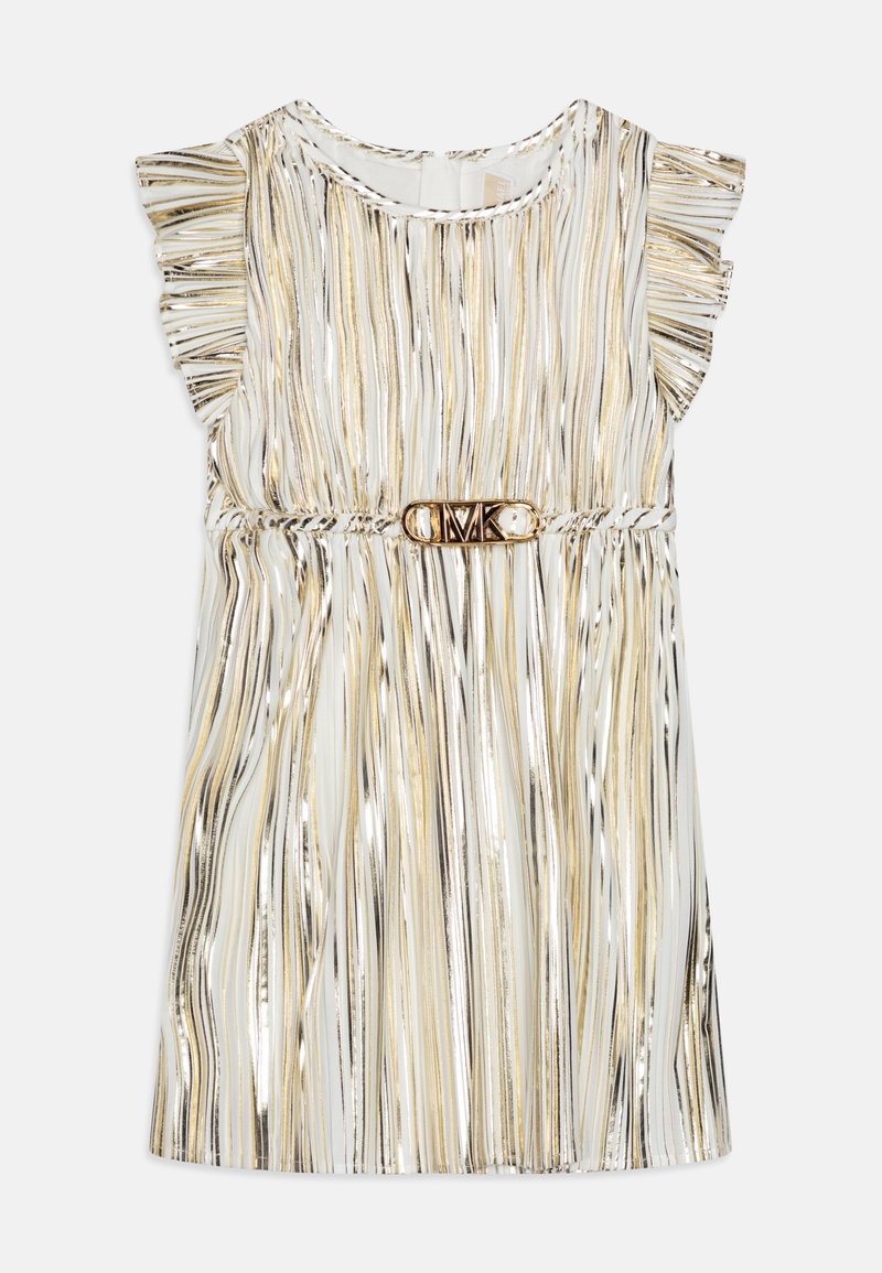 Robe métallisée avec des rayures verticales en argent et en or, des manches froncées et un accent décoratif du logo MK à la taille.