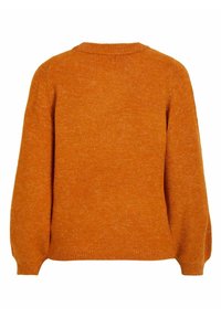 Orange knit sweater with a round neckline and long sleeves. Soft texture and a relaxed fit, featuring ribbed cuffs and hem.