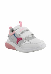 Scarpa sportiva bianca con accenti argentati, dettagli rosa e una grafica con la coda di una sirena. Presenta cinturini in velcro e una soletta in gomma.