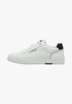 White sneakers with a smooth leather upper, textured side panels, a black accent at the heel, and a rubber sole featuring a minimalist design.