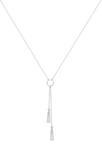 Zilveren hangersnoer met een ketting, voorzien van een ronde schakel en twee franjes met een geaderde textuur die aan een delicate ketting hangen.