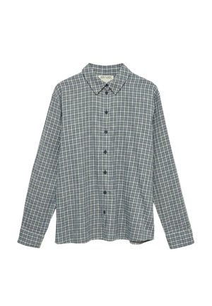 Chemise à manches longues à boutons avec un motif à carreaux bleu et blanc et un col pointu, étiquetée "AWARE" à l'intérieur.