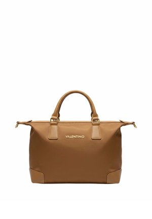 Bolso Valentino de cuero marrón con doble asa corta, herrajes dorados y logo en la parte frontal, mostrado sobre un fondo blanco.