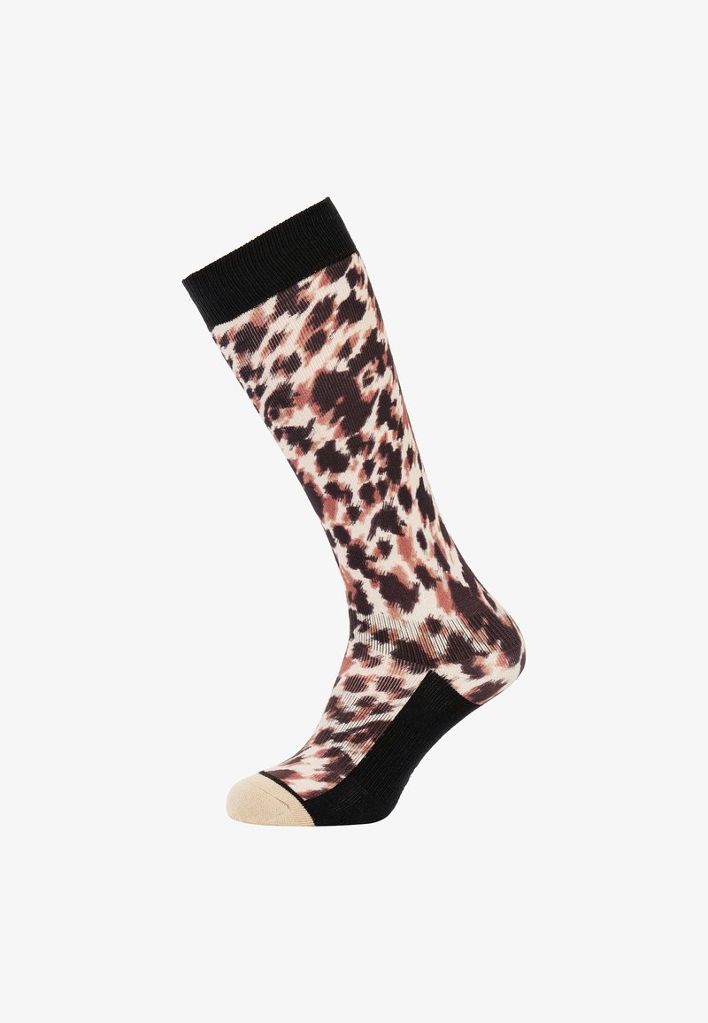 Kniehoge sokken met een luipaardprint in tinten van beige, bruin en zwart, met een zwart geribde bovenkant en een crèmekleurige teenaccent.