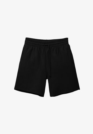 Fekete sportnadrág elasztikus derékkal, húzózsinórral és oldalsó zsebekkel. Sima szövet, térd alatti hosszúságú.