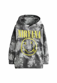 Šedá mikina s kapucí a tie-dye vzorem, na přední straně s žlutým tiskem "NIRVANA" a grafikou úsměvavé tváře. Obsahuje velkou kapuci a vroubkované manžety.