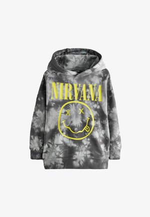 Pelēka t-kreklu džemperis ar dzeltenu "NIRVANA" drukātu priekšpusē un smaidošas sejas grafiku. Iespējo lielu kapuci un ribotas piedurknes.