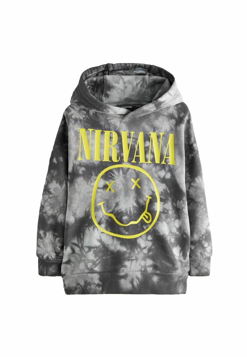 Šedá mikina s kapucí a tie-dye vzorem, na přední straně s žlutým tiskem "NIRVANA" a grafikou úsměvavé tváře. Obsahuje velkou kapuci a vroubkované manžety.