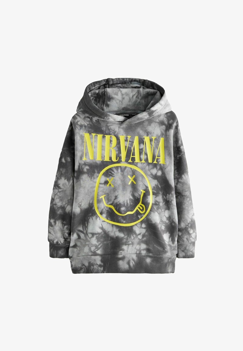 Szürke spirál-festett kapucnis pulóver, elülső sárga "NIRVANA" nyomattal és mosolygós arc grafikával. Nagy kapucnival és bordázott mandzsettákkal rendelkezik.