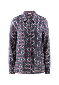 Langarmhemd aus marineblauem Stoff mit geometrischem Muster in Rot und Creme. Klassischer Kragen und vordere Knopfleiste. Glatte Textur.