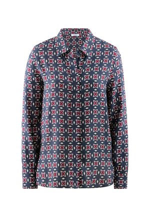 Chemise à manches longues en tissu bleu marine avec un motif géométrique rouge et crème. Col classique et fermeture à boutons sur le devant. Texture lisse.