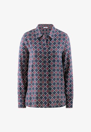 Langarmhemd aus marineblauem Stoff mit geometrischem Muster in Rot und Creme. Klassischer Kragen und vordere Knopfleiste. Glatte Textur.