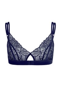 Marineblaue Spitzen-Bralette mit V-Ausschnitt, floralem Muster, verstellbaren Trägern und einem Schlitz in der Mitte. Weicher Stoff.
