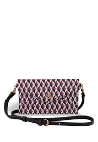 Kabelka přes rameno s geometrickým vzorem v růžové, bílé a námořnické modři. Obsahuje zlaté zapínání na patent a černý nastavitelný popruh.