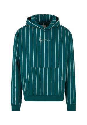 Mėlynos spalvos dryžuota palaidinė su kengūros kišene, su baltomis vertikaliomis juostomis ir mažai rašytu logotipu ant krūtinės. Medvilnės mišinio medžiaga.