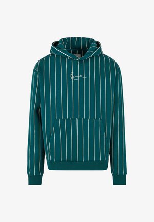 Hoodie w paski w kolorze teal, z kieszenią kangurką, z białymi pionowymi paskami i małym odręcznym logo na piersi. Wykonany z mieszanki bawełny.