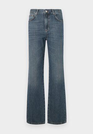 Donkerblauwe denim jeans met een hoge taille, uitlopende pijpen en vijf zakken. Voorzien van een sluiting met knoop en ritssluiting. Soepele textuur.