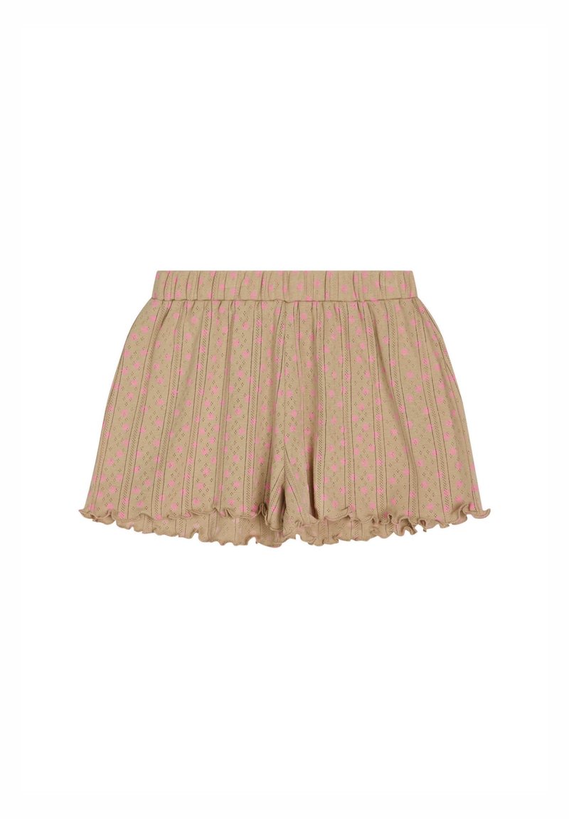 Short beige à coupe ample avec motif floral rose, taille élastique, rayures verticales et détails volantés à l'ourlet.