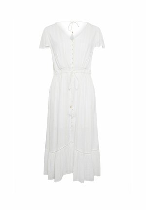 Weißes, knielanges Kleid mit kurzen Ärmeln, V-Ausschnitt, Knopfverschluss vorne, Kordelzug in der Taille und ausgestellt geschnittenem Saum. Strukturierter Stoff mit dezenten vertikalen Linien.