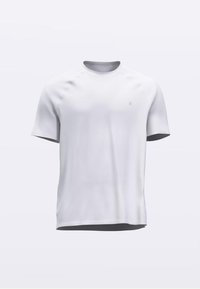 Bela majica s kratkimi rokavi iz gladkega blaga, z okroglim izrezom in majhno nalepko spredaj. Preprost, neopazen dizajn.