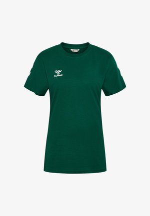 Grünes Baumwoll-T-Shirt mit kurzen Ärmeln, Rundhalsausschnitt, mit weißem Logo auf der Brust und weißen Akzenten auf den Schultern.