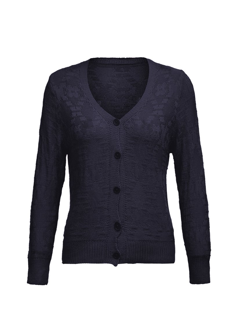 Mörkblå stickad kofta med lång ärm, V-ringning och fem svarta knappar. Har ett texturerat mönster genom hela plagget.