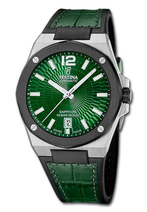 Automatische Festina-Armbanduhr mit grünem Zifferblatt, silbernen Stundenmarkierungen, schwarzer Lünette, Datumsanzeige bei 6 Uhr und grünem Lederarmband mit schwarzen Kanten.