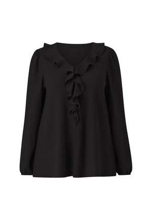 Black long-sleeve blouse with a V-neck, featuring a ruffled collar and front detail, made of textured fabric.