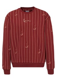 Sudadera color burdeos con rayas verticales beige y pequeños acentos bordados. Presenta un cuello redondo y puños y dobladillo de canalé.