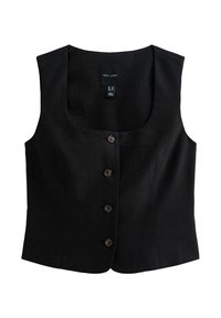 Veste en lin noire à encolure carrée, ornée de cinq boutons marron sur le devant et sans manches. L'étiquette indique "New Look."