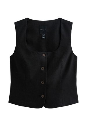 Zwart linnen vest met een vierkante halslijn, voorzien van vijf bruine knopen aan de voorkant en zonder mouwen. Etiket vermeldt "New Look."