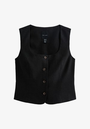 Black linen vest with a square neckline, featuring five brown buttons down the front and no sleeves. Label reads "New Look."