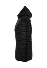 Sort dunjakke med hætte, der har et quiltet design, glat tekstur og sidelommer med lynlås.
