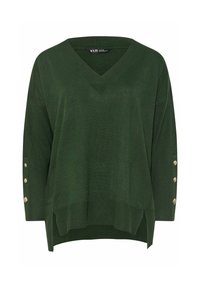Dark green knit sweater with a V-neck and three-quarter sleeves. Features button accents on the sleeve and side slits at the hem.