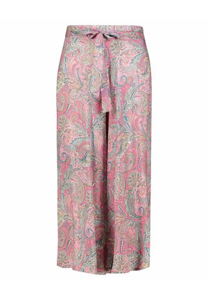 Vidbenede bukser med pink paisley-mønster og matchende stofbælte bundet ved taljen, vist på hvid baggrund.